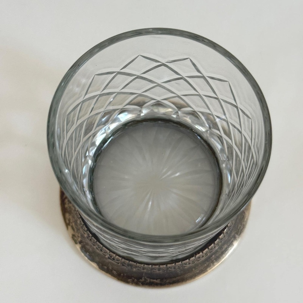 Vintage Cut Crystal Whiskey Glass Heavy Brass Base Diamond Lattice Tumbler - Picture 11 of 12
